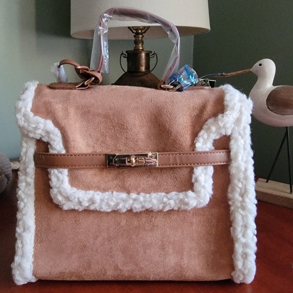 NWT Badgley Mischka Fur Border Satchel Tan Vegan Leather - Picture 4 of 15